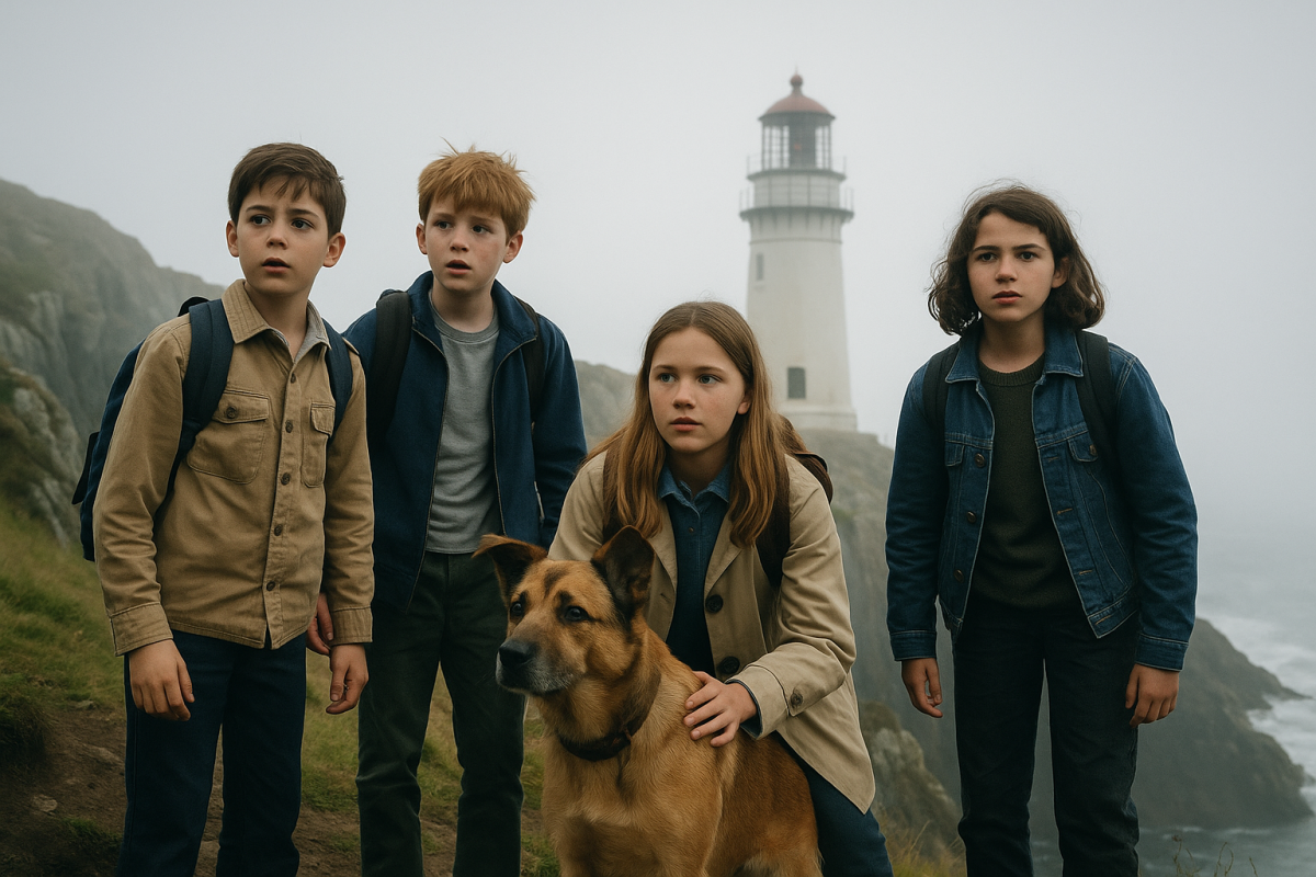 Kinder stehen mit einem Hund an einer nebeligen Küste vor einem Leuchtturm, bereit für ein Abenteuer wie bei „Die 5 Freunde“, für einen Winterferien-Theaterworkshop.