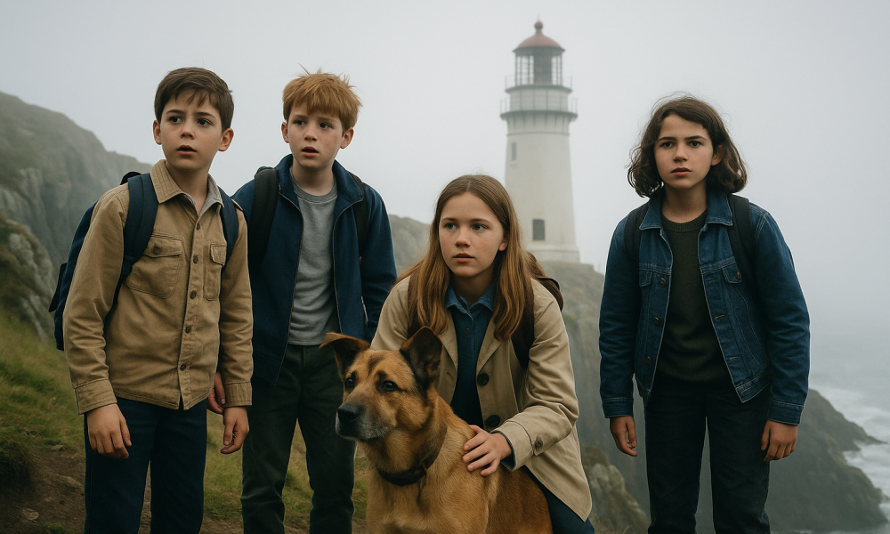 Kinder stehen mit einem Hund an einer nebeligen Küste vor einem Leuchtturm, bereit für ein Abenteuer wie bei „Die 5 Freunde“, für einen Winterferien-Theaterworkshop.