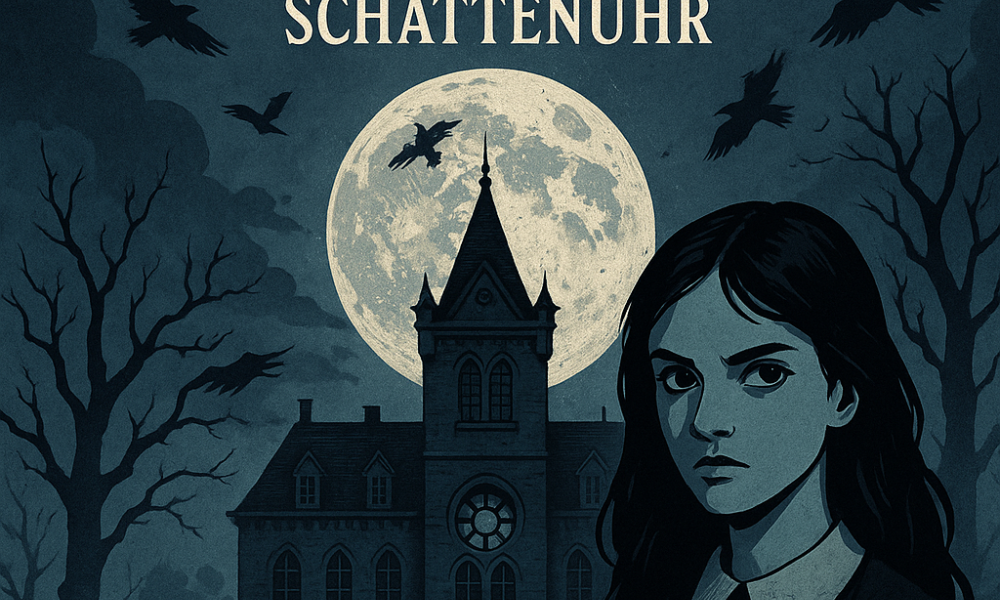 Düstere Illustration einer alten Akademie im Mondlicht mit fliegenden Krähen und einem ernst blickenden Mädchen im Vordergrund.